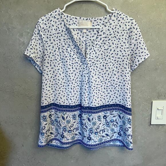 Womens Skies Are Blue Blue White Print Boho Flowy Lightweight Blouse Size XS - Picture 11 of 12